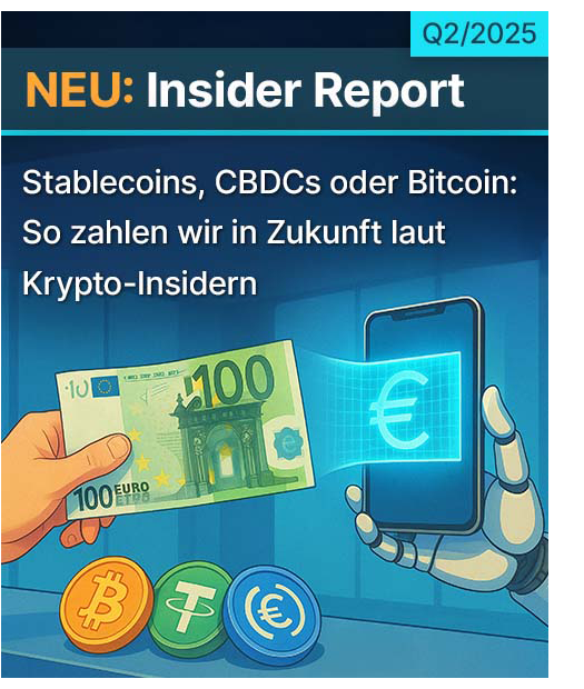 Eine Hand hält einen 100-Euro-Schein, der in ein Smartphone digitalisiert wird. Im Vordergrund sind die Symbole für Bitcoin, Ethereum und den Euro zu sehen. Der deutsche Text befasst sich mit zukünftigen digitalen Zahlungen.
